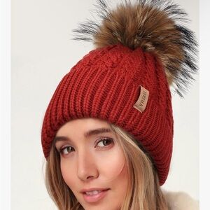 Red Knit Fur Pom Pom Beanie for Women, Red, New